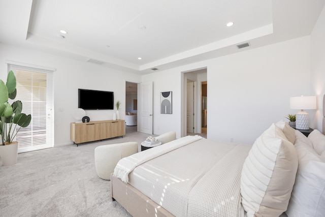 carpeted bedroom featuring a raised ceiling