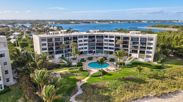 birds eye view of property featuring a water view