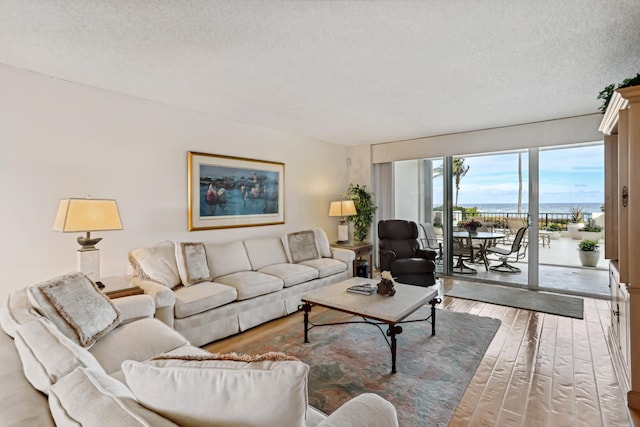 living room featuring light hardwood / wood-style floors, a textured ceiling, and a water view