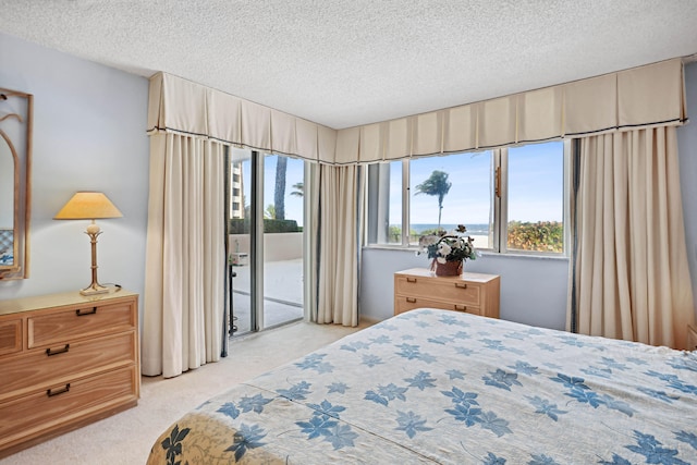 bedroom with a textured ceiling, access to exterior, and light colored carpet