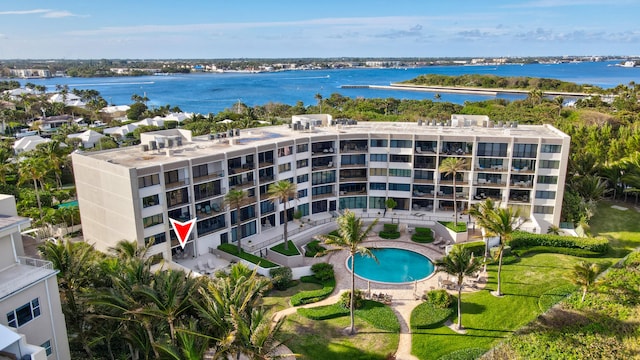 aerial view featuring a water view