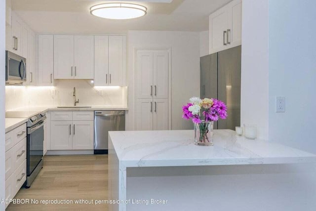 kitchen featuring white cabinets, appliances with stainless steel finishes, light hardwood / wood-style floors, sink, and kitchen peninsula