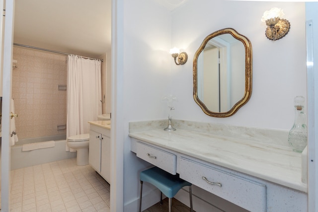 full bathroom featuring tile patterned floors, shower / bath combination with curtain, vanity, and toilet