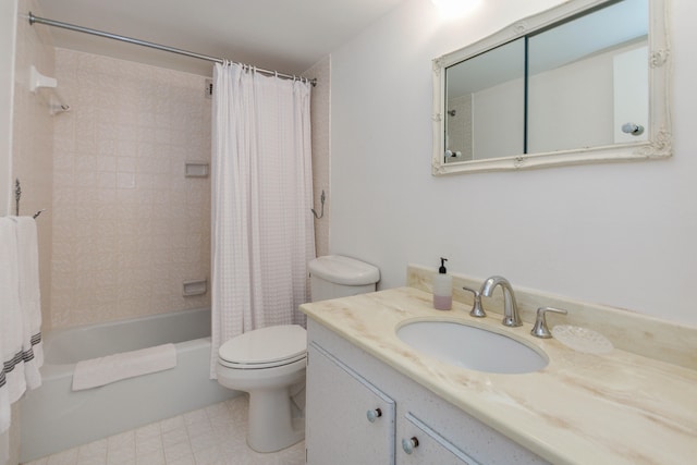 full bathroom with shower / bath combo, toilet, tile patterned floors, and vanity