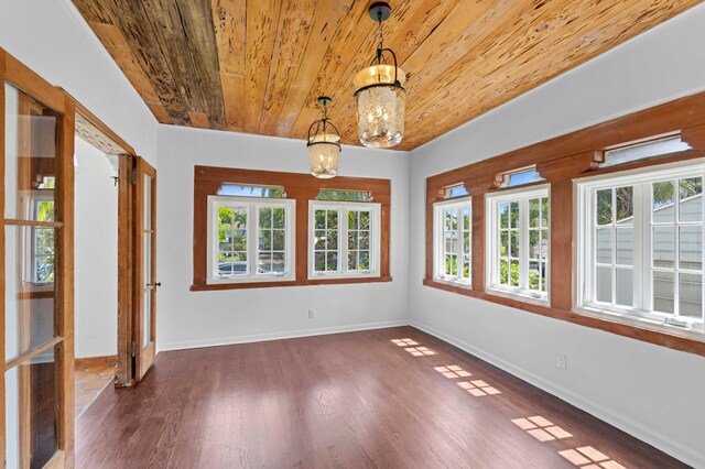 interior space with a chandelier and wooden ceiling