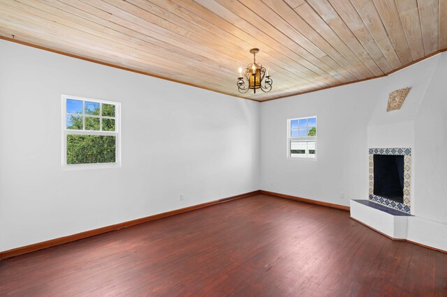 unfurnished living room with dark wood-type flooring, crown molding, a fireplace, wood ceiling, and a chandelier