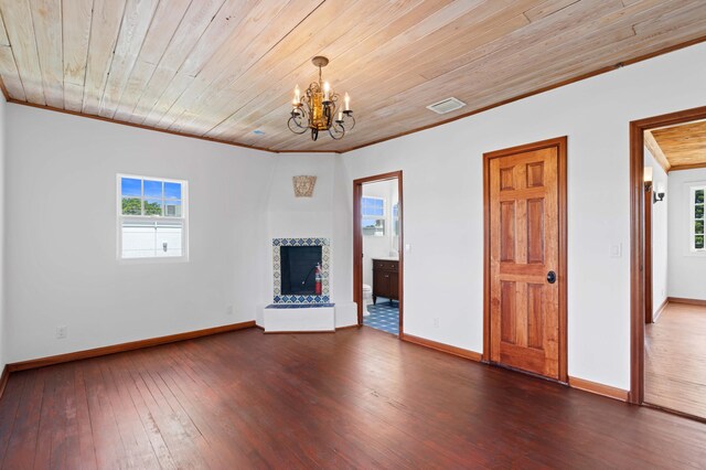 unfurnished living room with a chandelier, dark hardwood / wood-style flooring, wood ceiling, and ornamental molding