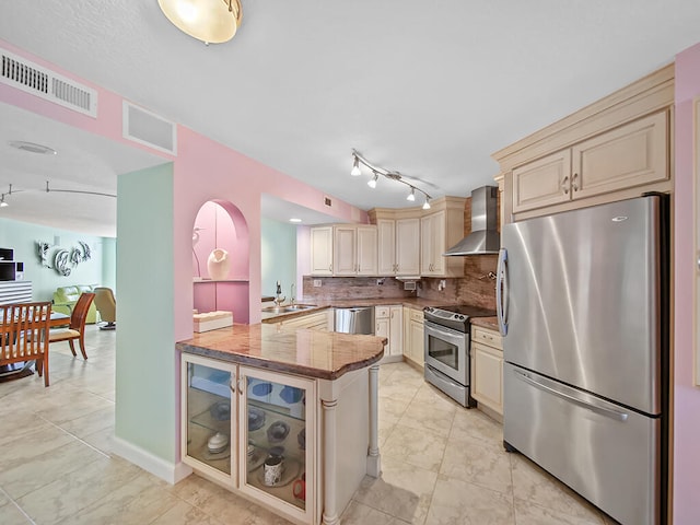 kitchen with appliances with stainless steel finishes, sink, rail lighting, tasteful backsplash, and wall chimney exhaust hood