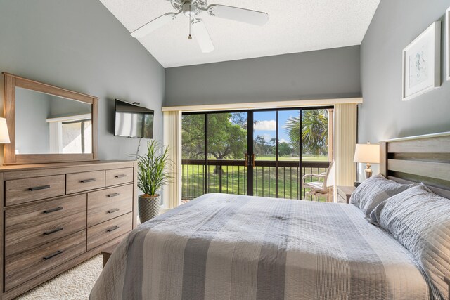 bedroom with access to exterior, vaulted ceiling, and ceiling fan