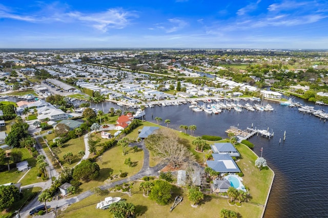 bird's eye view with a water view