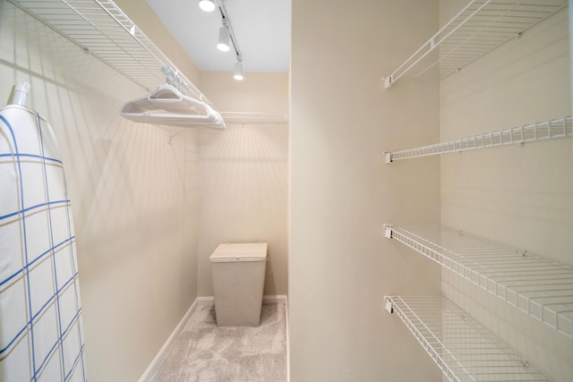 spacious closet featuring light colored carpet