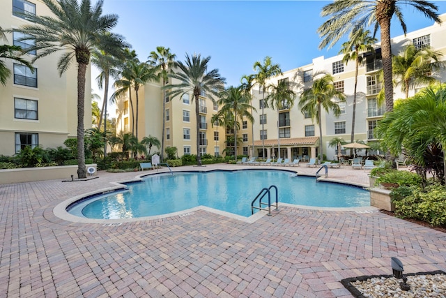 view of swimming pool featuring a patio area