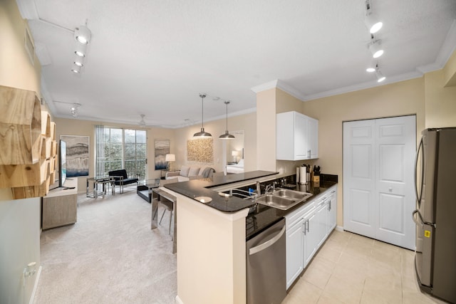 kitchen with kitchen peninsula, white cabinetry, track lighting, sink, and stainless steel appliances