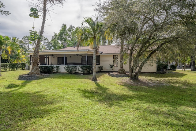 rear view of property featuring a yard and ceiling fan