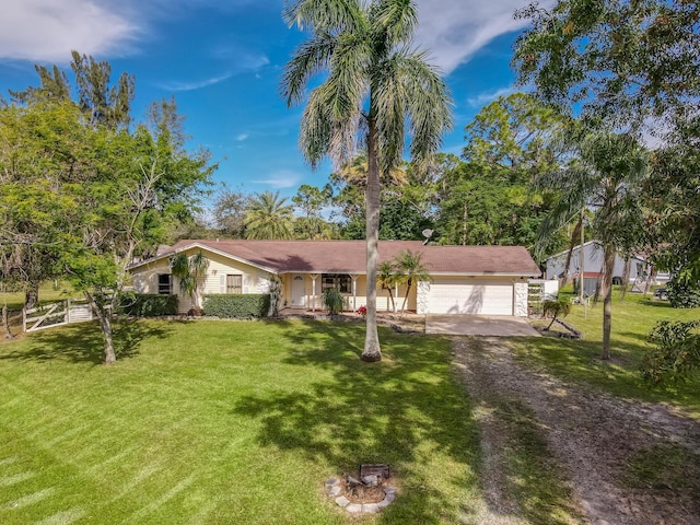 single story home featuring a garage and a front yard