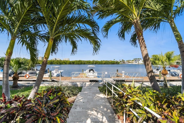 property view of water featuring a boat dock