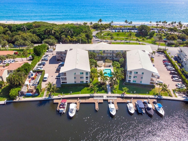 drone / aerial view with a water view