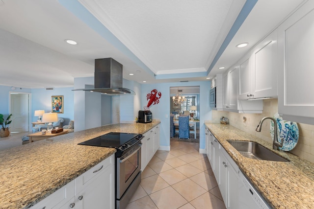 kitchen with electric stove, extractor fan, white cabinetry, and sink