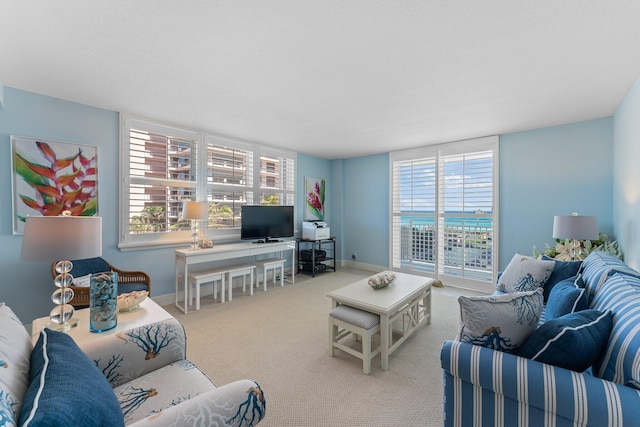 carpeted living room with a water view