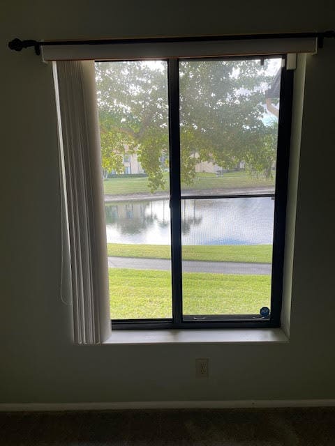 details featuring carpet flooring and a water view