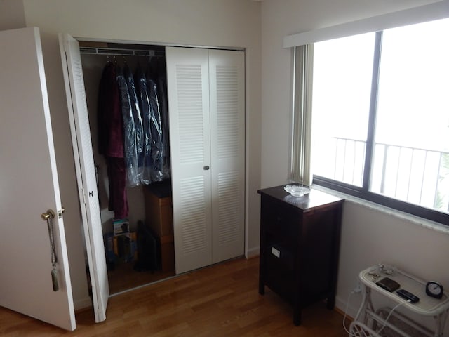 bedroom with a closet and hardwood / wood-style flooring