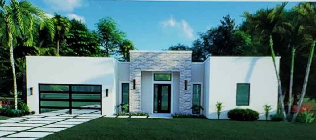 contemporary home featuring a front lawn