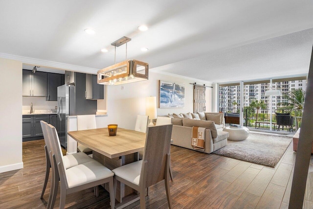 dining area with a barn door, sink, floor to ceiling windows, crown molding, and dark hardwood / wood-style flooring