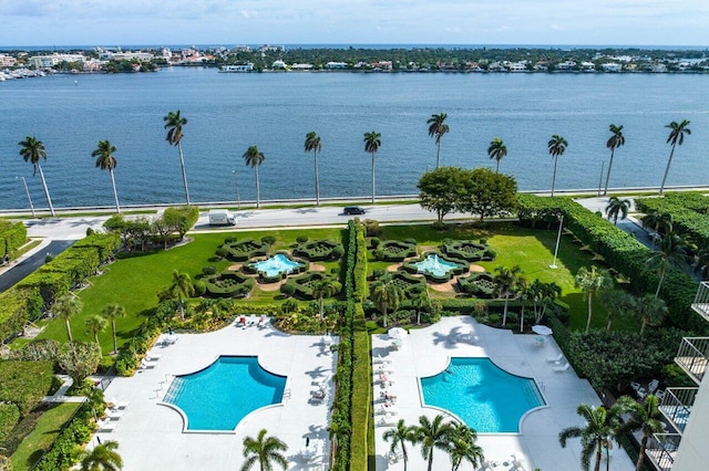 drone / aerial view featuring a water view