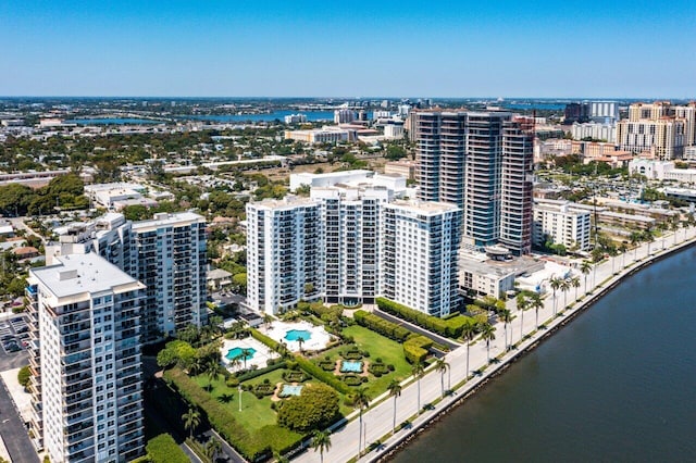 bird's eye view with a water view