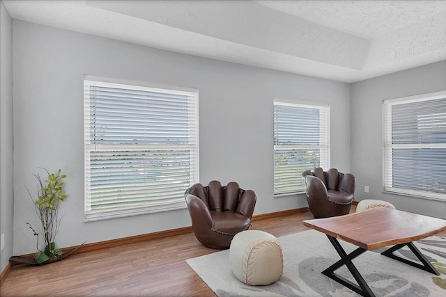 sitting room with a textured ceiling and light wood-type flooring