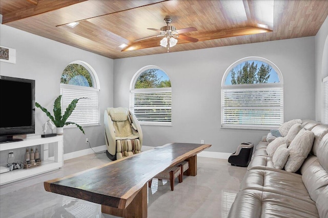 living room with ceiling fan and wooden ceiling