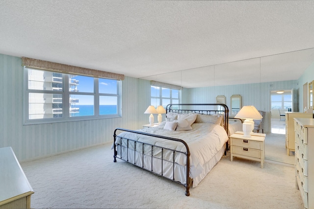 carpeted bedroom with a water view and a textured ceiling