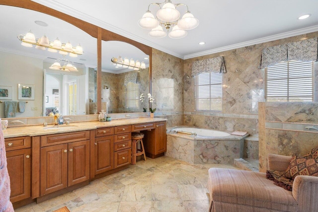 bathroom with tiled bath, tile floors, a notable chandelier, and vanity