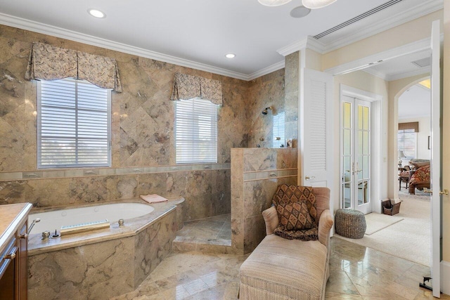 bathroom with french doors, crown molding, tiled bath, tile flooring, and vanity