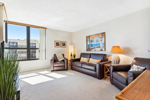 carpeted living room featuring a textured ceiling