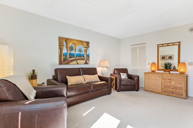 carpeted living room featuring a textured ceiling