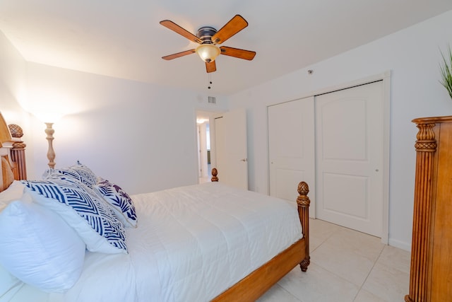 tiled bedroom featuring a closet and ceiling fan