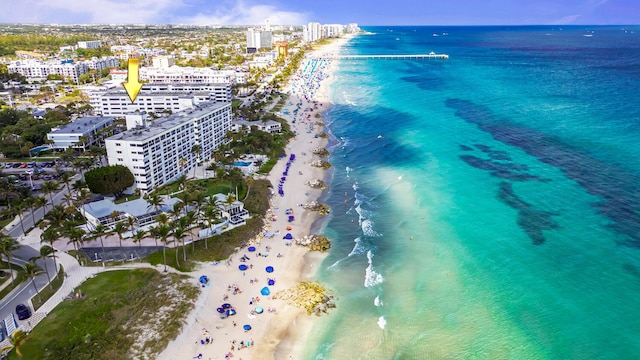 bird's eye view featuring a view of the beach and a water view