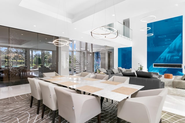 dining room featuring a tray ceiling and a high ceiling