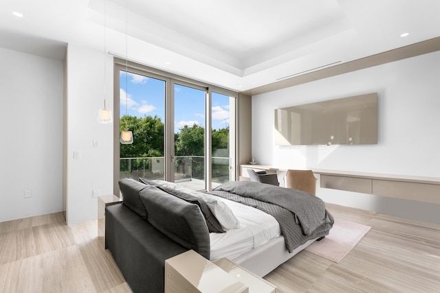 bedroom with a raised ceiling and light hardwood / wood-style flooring