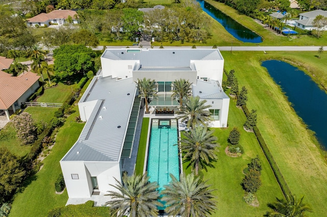 drone / aerial view featuring a water view