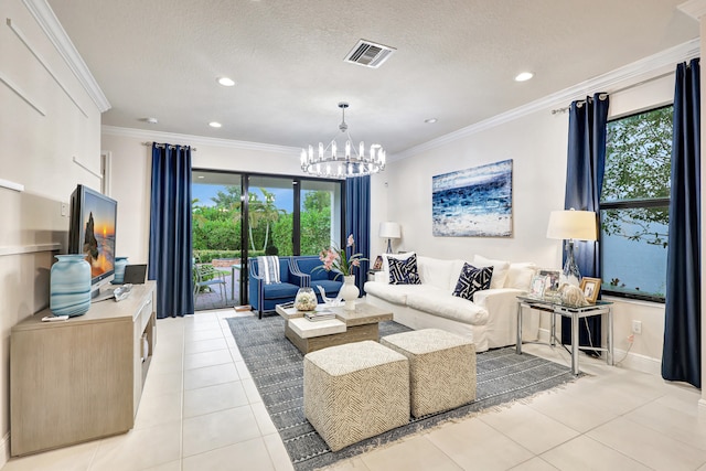 tiled living room featuring a textured ceiling, a chandelier, and ornamental molding