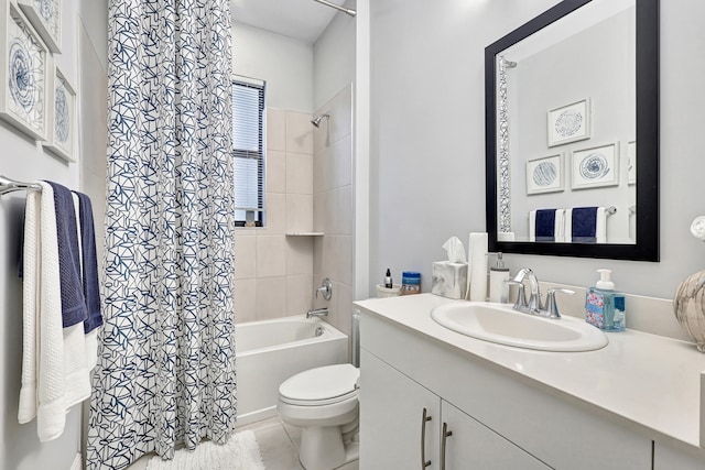 full bathroom with oversized vanity, toilet, tile floors, and shower / bathtub combination with curtain