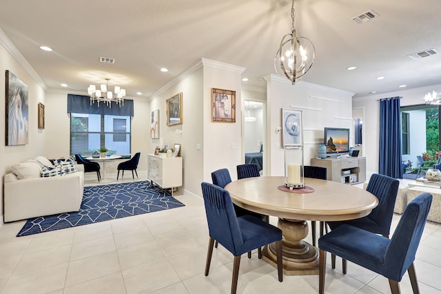 tiled dining space featuring crown molding and an inviting chandelier