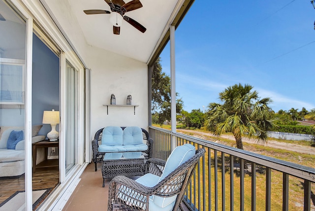 balcony featuring ceiling fan