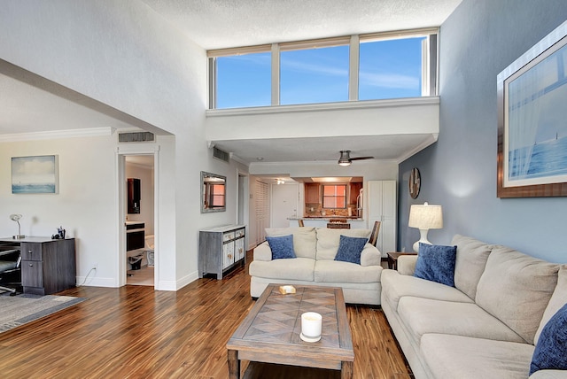 living room with a high ceiling, ceiling fan, a healthy amount of sunlight, and wood-type flooring