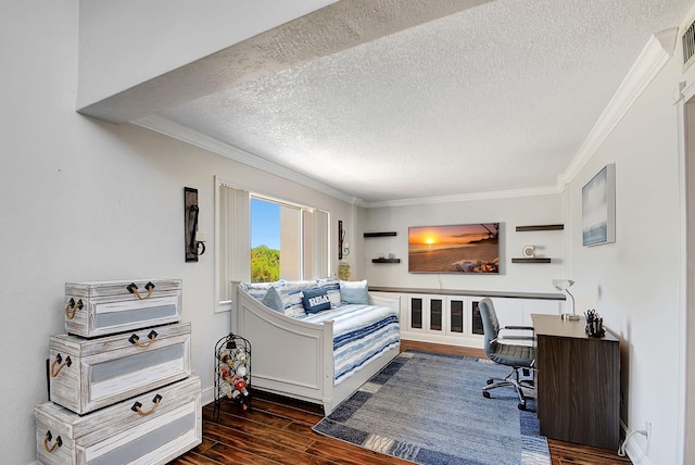 bedroom with a textured ceiling, dark hardwood / wood-style floors, and crown molding