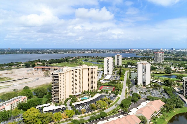 aerial view featuring a water view