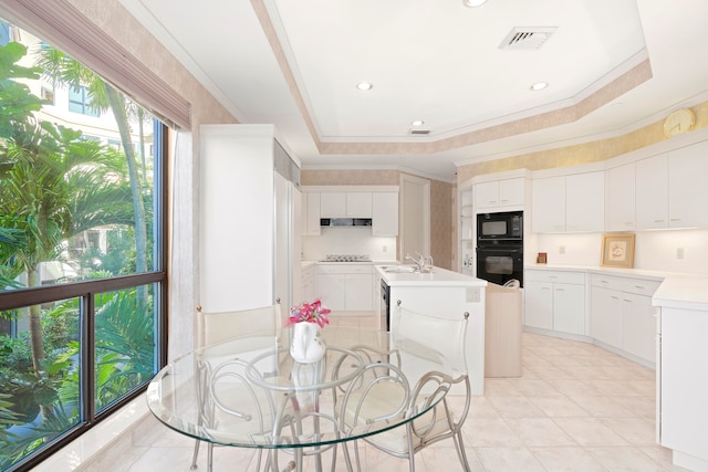 kitchen with black appliances, white cabinetry, sink, and a tray ceiling