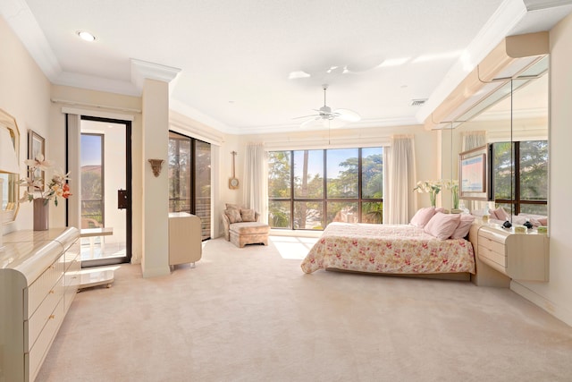 carpeted bedroom with access to exterior, ceiling fan, and ornamental molding